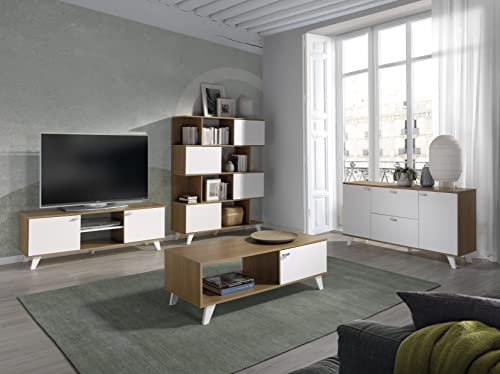MOMMA HOME Conjunto Completo de Salon, Modelo Quiatur, Acabado Roble y Blanco, Aparador + Mueble TV + Mesa de Centro + Estanteria