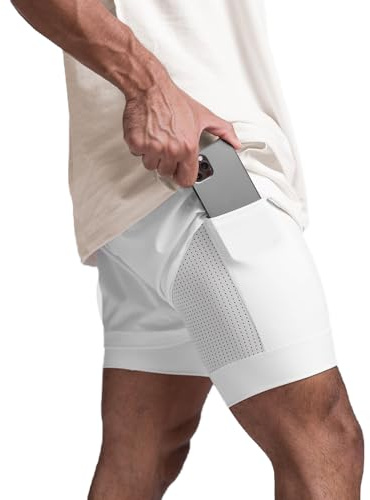 XDSP Löparshorts för män 2-i-1, sportshorts träning sommar löpning kompression fitness joggingbyxor för hemmet, andas snabbtorkande med blixtlåsficka, Vit, M