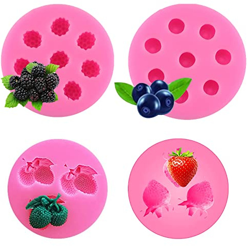 Woohome 4 Pz Moldes de Silicona para Fondant, Moldes Frutas Molde de Silicona Fresa Arándano Frambuesa Litchi Moldes para Fondant para Chocolate, Decoración de Tartas