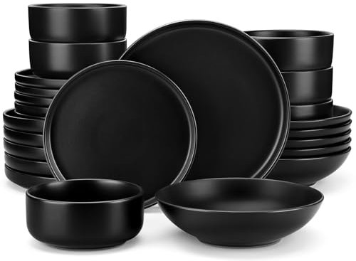 vancasso Black Crockery Sets for 6 People, Dinner Set 24 Piece Plates and Bowls Set, Elegant Dinnerware with Matte Glaze, Modern Style Playa Dinner Sets