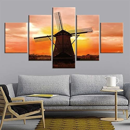 Leinwandbild 5-Teilig Windmühle Leuchtturm Sonnenuntergang 200 X 100 Cm Bild Wanddeko Wand Bild Kunstdruck Deko Wohnzimmer Wohnzimmer Schlafzimmer Büro Hotel Wandkunst Wandbild Poster Foto -8S7K/M1P9-