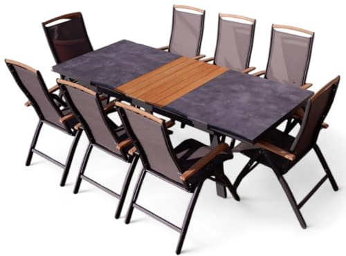 ALEOS. Gartengarnitur Gartenset Aluminium Teak Set mit Ausziehtisch 180x90cm auf 240cm ausziehbar + 8 Hochlehner anthrazit Trinidad