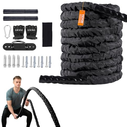 VEVOR Corde de combat, 38 mm, corde d'entraînement en polyester, 9,1 m, équipement d'exercice lourd avec manchon de protection et ancre, pour entraînement de force de base, la salle de gym à domicile