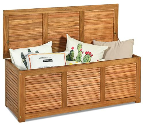 RELAX4LIFE Cassapanca in Legno di Acacia Massello, Baule Contenitore 160L per Interno/Esterno con Coperchio Ribaltabile, Design a Doghe Traspirante, Portata 160 kg – 120x45x45 cm, Naturale