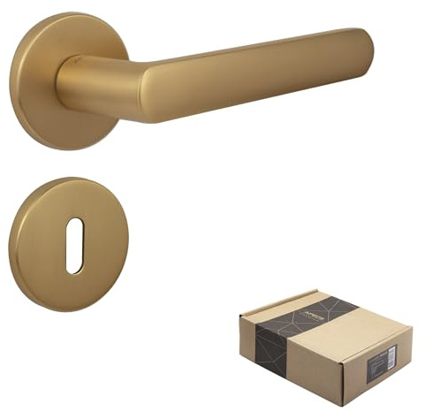 APECS Poignées de Porte pour Portes Intérieures Poignée de Porte Dorée Mate Moderne pour Porte d’Entrée et Porte Intérieure avec Ensemble de Poignées à Rosaces Rondes avec Matériel de Montage