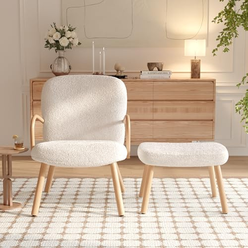 Moderner Akzentstuhl mit Hocker, gepolsterter bequemer Sessel mit Fußstütze, Schaukelsessel aus Lammwolle, für Schlafzimmer, Leseräume (gebrochenes Weiß)