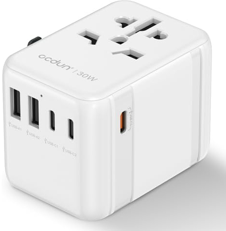 ocdun Universal Travel Adapter, White, 30W | 3 USB-C Ports (1 PD 30W), 2 USB-A Ports & AC Socket, Worldwide Plug Adapter, For UK, EU, USA, Australia, Thailand & More
