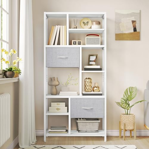 YITAHOME Bücherregal mit Schubladen, 7-stöckiges Standregal mit Stahlrahmen, Bodenstehendes Lagerregal, Industrieregal Aufbewahrungsregal, für Wohnzimmer, Büro, Flur, Küche, Weiß Regal