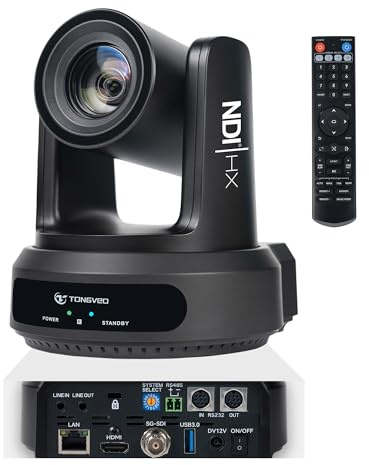 TONGVEO Cámara PTZ IP NDI con Seguimiento Automático por IA, SDI/HDMI/USB3.0/LAN PoE, Zoom Óptico 30X + Zoom Digital 16X, para Transmisión en Vivo, Servicios de Iglesia, Videoconferencias