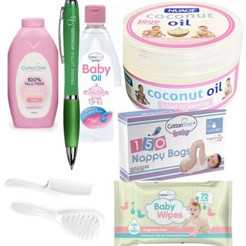 Demotologist Tested Baby Essentials – 100% Natural Coconut Oil, Baby Wipes, Baby Oil, Nappy Bags, Comb & Brush Set + Omoge Pen | Newborn Skincare | Gentle & Mild for Delicate Skin