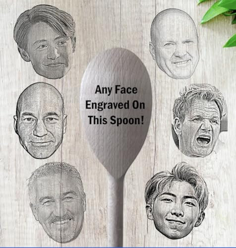Custom Engraved Wooden Spoon with Face Portrait, Personalised Kitchen Gift, Novelty Housewarming Present (Single Spoon)