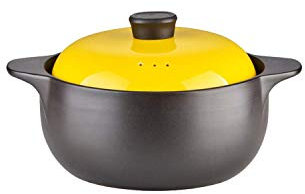 Sopera de cerámica Pura con Doble asa y Tapa Resistente al Calor, Redonda, Color Negro, con Tapa, Color Amarillo, 2,5 L.
