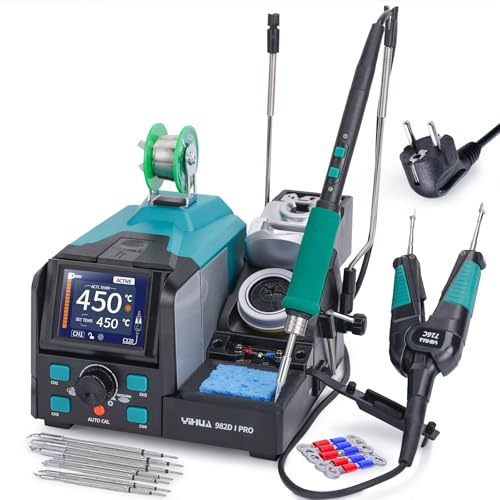 YIHUA 982D-I PRO 2 en 1 Estacion Soldadura de Pinzas Calientes de Hierro de Microsoldadura de Precisión con 10 Cartuchos de Punta,Auto Calibración Temperatura,4 Canales Preestablecidos(EU Plug)