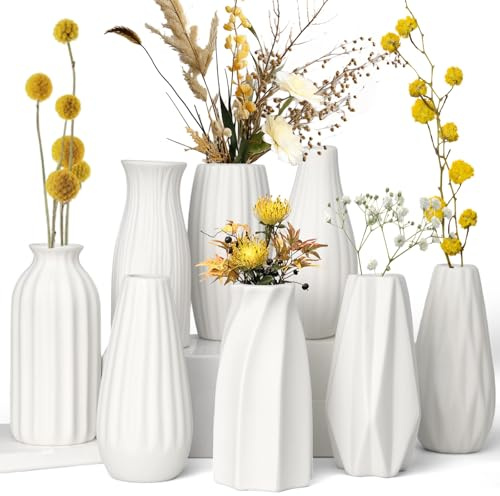 HengLiSam Keramik Vase Deko Satz von 8, Weiße Matte Vasen für Moderne Home Decor, Kleine Blumenvasen für Pampasgras, Trockenblumen, Boho Skandinavische Dekorationsvasen für Wohnzimmer, Hochzeitstisch