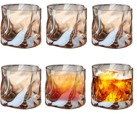 RANJIMA Whisky Gläser 6er Set, 200ml Unregelmäßige Kristall Whiskeygläser Doppeltes Altmodisches Kristallgläser, Old Fashioned Whiskey Glas für Scotch Rum Cocktails Wasser Geschenke für Papa Ehemann