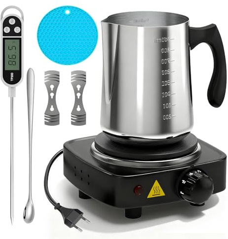 GOMETY Juego de fundición de cera premium para hacer velas, olla de fusión de cera con dispositivo de vertido, juego de velas DIY incluye placa calefactora, regadera de 900 ml, cuchara para mezclar