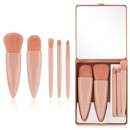 KEWUF Set Pinceaux Maquillage, 5 Maquillage Pinceaux, Set Format Voyage avec Miroir, Pratique à Transporter, Pinceau Fond de Teint, Pinceau Blush, Pinceaux Maquillages Yeux (7,7 x 10,5 x 2,1 cm)