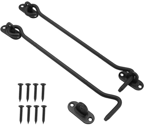 AetherAurora 2 Stück Sturmhaken mit öse Schwarz, 20cm(8.1in) Kabinenhaken Edelstahl, Torhakenschloss mit Schrauben Haken, für Schwingtürr Holz, Rollläden Schuppen Schiebetüren Garagentor Fenster