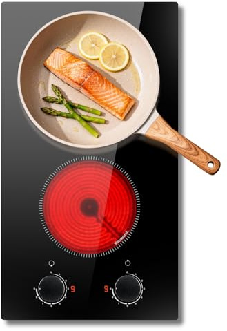 Traenvir 2 Ring Ceramic Hob 30CM, 2 Zone Electric Hob Built in with Knob Control, 3000W Ceramic Hob with 9 Power Heating Levels, Residual Heat Indicator, Automatic Shutoff, No Plug