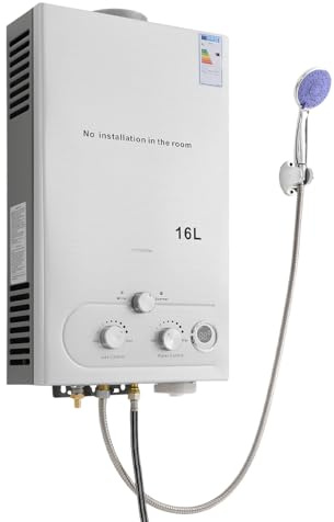 Gasvarmvattenberedare LPG 16L 32 KW bärbar tankljus varmvattenberedare med duschhuvud för utomhus camping dusch och husbilar, 0,15 bar startvattentryck