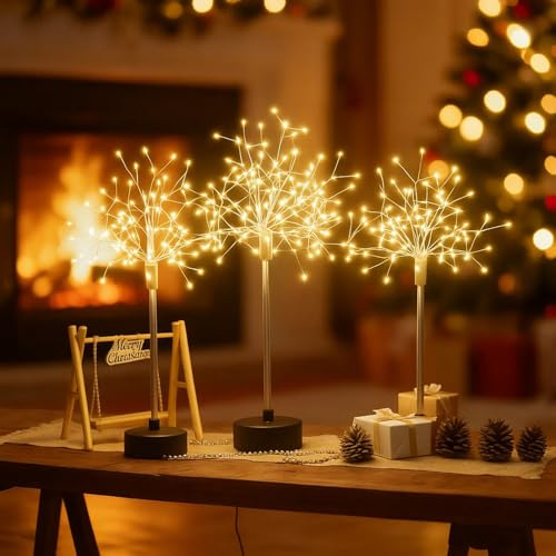 Nest and Flowers Table Lights Fireworks, 2026 New Mini Table Starburst Lights, LED Christmas Starburst Firework Lamp, Christmas Decorations Light with 100 LED Fairy, for Party Indoor Decor (3*Style A)