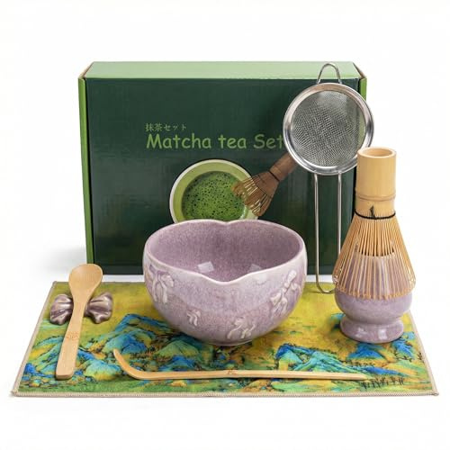 Stoviea Matcha Whisk Set 8 Pcs - Complete Japanese Matcha Tea Kit with Easy-Pour Ceramic Bowl, 100 Prong Bamboo Whisk (Chasen), Scoop, Sifter, Holder & Gift Box, Vintage Purple Glaze for Tea Lovers