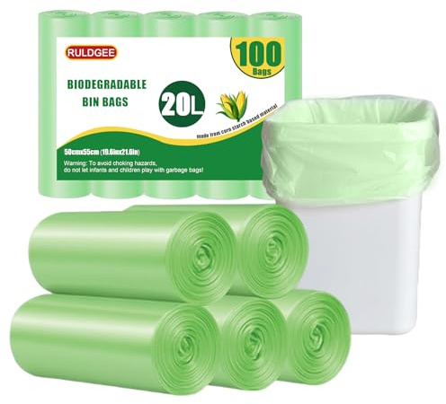 RULDGEE Compostable Food Waste Bags 20l Caddy Liner 100 Counts Green Bin Bags Small Trash Bags for Kitchen