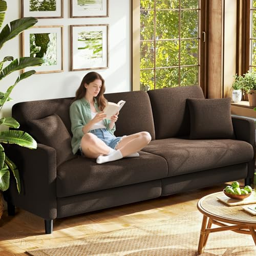 Welzona 83 Couches for Living Room, Comfy Sofas for Living Room, Teddy Sofa Couch, Tool-Free Setup Loveseat Sofa, All-Wood Love Seat Couches, Small Couch 2 Pillows Included, Khaki