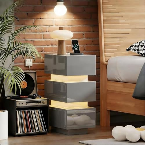Bedside Table with 3 Drawers, Slim Nightstand Cabinet with Charger Station for Bedroom, Small Living Room End Table Side Table with Power Outlets and USB Ports (High Gloss Grey with LED 2)
