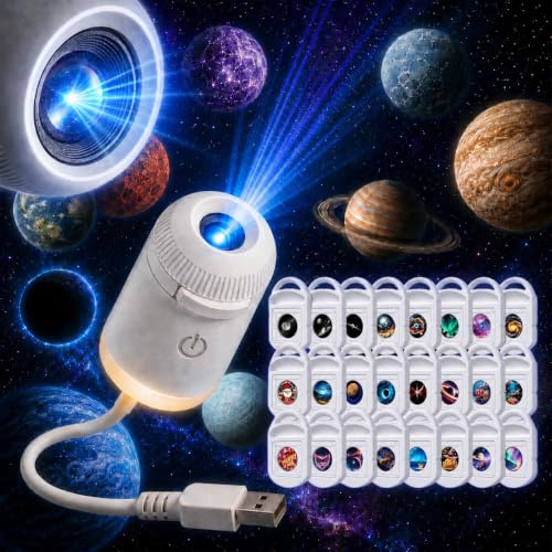 24 in 1 USB Sternenhimmel Projektor Lampe, 360° HD Smart Dynamic 5d Holographic Night Light Projector, Für Eine Traumhafte Atmosphäre in Schlafzimmer, Wohnzimmer Und Auto， Mit 24 Folien