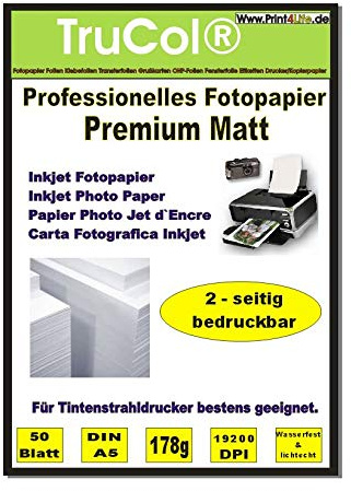 Beidseitig 50 Blatt DIN A5 178g /m² Premium MATT Fotopapier hochweiß für Tintenstrahldrucker sofort trocken wasserfest lichtecht Flyerpapier Broschüren Vorlagen Grußkarten Photopapier Einladungskarte