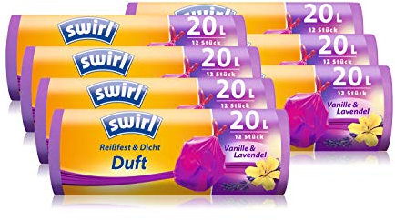 Swirl Duft-Müllbeutel Vanille-Lavendel mit Zugband, 20 Liter, 7 Rollen mit je 12 Beuteln