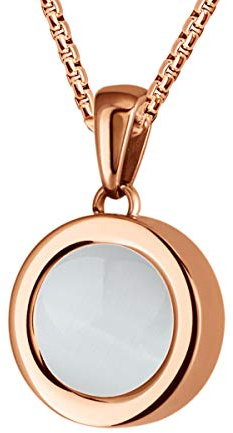 Quiges Rosegold Anhänger Edelstahl 12mm Mini Coin Halter und Weiße Katzenauge Stein Coin mit Kette 42 + 4cm Verlängerungskette