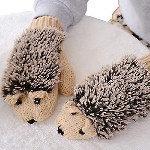 JAGENIE Gants d'hiver épais en tricot pour femme Motif hérisson Beige