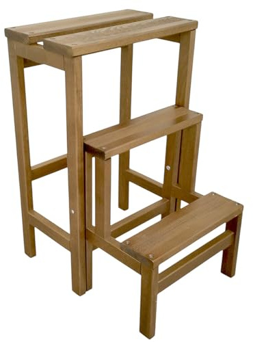 Scaletta Sgabello 3 gradini Ribaltabile in Legno Altezza 60 cm (Noce) (Noce)