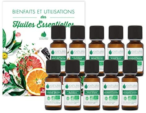 Pack Découverte 10 Huiles Essentielles Bio + Livre 200 Remèdes aux Huiles Essentielles - Idéal pour Diffuseur, Aromathérapie et Nombreux Domaines d’Applications - Ecocert - HEBBD - 10x10ml - VOSHUILES