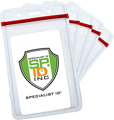 5 Pack - Heavy Duty Vertical Resealable Vinyl Badge Holders for Employee or Student ID - Clear Water Resistant with Red Seal Holds Multiple Cards - Secure Sleeves for Badges by Specialist ID