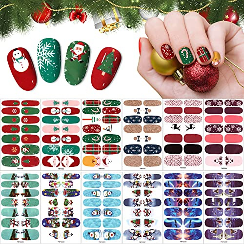 12 Blätter Weihnachten Full Nail Wraps,EBANKU Selbstklebende Nail Art | Sticker Schneeflocke Weihnachtsmann Pinguin Schneemann Weihnachtsbaum Nagel Kunst Decals Strips mit 1 Stück Nagelfeilen