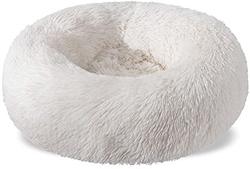 Aodafei Haustierbett Hund & Katze Kissen Bett Körbchen Hundebett Hundekissen Hundekörbchen Katzenbett Katzenkissen Rund Donut Herausnehmbaren Waschbar,Weiß,60 cm