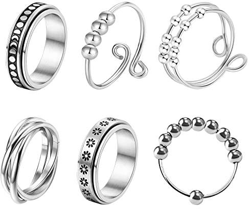 JewelryWe Schmuck 6pcs Fidget Angst Ringe Set für Frauen Herren Edelstahl Spinner Ring mit Perlen Blume Anti-Angst Drehringe Stapelbar Offene Fingerringe Stressabbauende Bandringe Band Gravur Größe 52