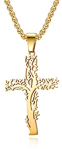 NEHZUS Lebensbaum-Kreuz-Halskette für Herren, Silber, Schwarz, Gold, Edelstahl, Kreuz-Anhänger, Halskette für Männer, 55 cm