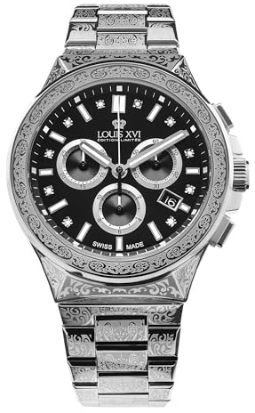 LOUIS XVI Le Monarque Royale Montre chronographe pour homme 42 mm Mouvement à quartz suisse Bracelet en acier inoxydable Argenté/doré Cadran noir Diamants CZ, argent/noir, Bracelet