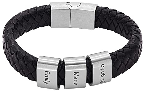 Heideman Armband Herren Titus Leder Edelstahl Gravur | Titus Herren-Lederarmband schwarz, silberne Gravurplatten, Edelstahl, personalisierbar, Magnetverschluss, Geschenk für Männer