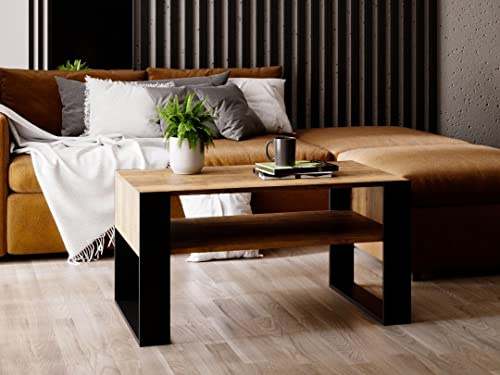 MRBLS_HOME MRBLS Couchtisch – modernes rustikales Design – Wohnzimmer-Tisch Beistelltisch Kaffeetisch Sofatisch Teetisch aus Holz (Retro Eiche - Schwarz Matt) - 92 x 45 x 53,6 cm (B/H/T)