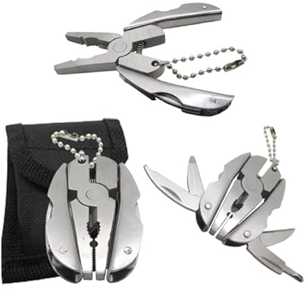 Mini Zange Schlüsselanhänger Set,6 in 1 Multitool Zange, verstellbarer Schraubenschlüssel & Tragetasche,Multifunktionales All-in-One-Werkzeug,Abisolierzange, Messer, Feile & Flachschraubendreher