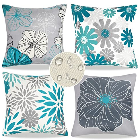 EliteHomeComforts Lot de 4 Housse de Coussin Exterieur Impermeable Motif Dahlia Housse Coussin Moderne Lin Taie d'oreiller pour Canapé Patio Extérieur Jardin Salon canapé Ferme décor (Teal)