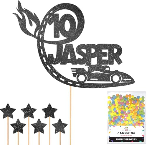 Personalised F1 Motor Racing Car Glitter Cake Topper - Black Custom Age & Name Glitter Cake Decoration and Sprinkles - Happy Birthday Decorations - Personalised Toppers for Cakes by Cakeshop