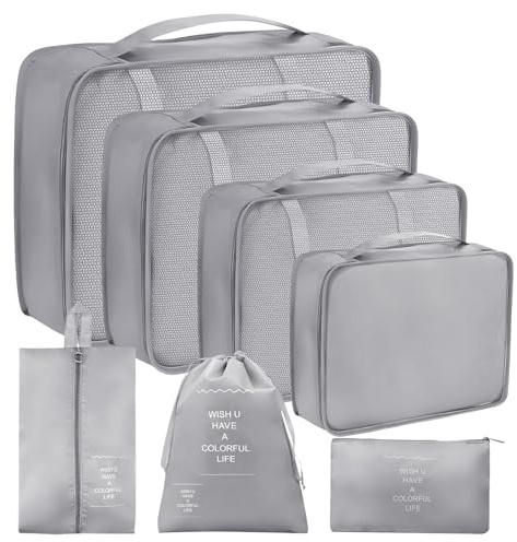 7 Pièces Organiseurs de Bagage pour Voyage, Organisateur Valise Packing Cubes, sacs à vêtements pour valises Vêtements Sous-vêtements, Chaussures et Cosmétiques(Gris)