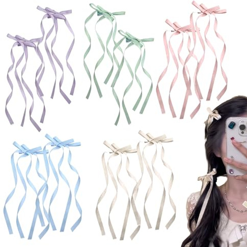 Ellxen 10 Stück Lange Bänder Haarschleife Haarspangen, Elegante Schleifen Haarclips, Satin Haarspange Haarnadeln, für Mädchen, Damen, Party, Hochzeit, Tägliches Kleid