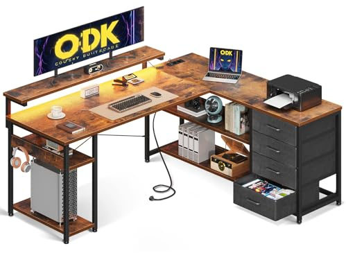 ODK Escritorio Esquinero Gaming con LED y 4 Cajones, 135x110cm, Marrón